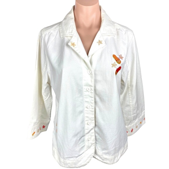 Christopher & Banks Size M White Top Jacket -Sandal Appliques- 3/4 Sleeve Cotton - Picture 1 of 6